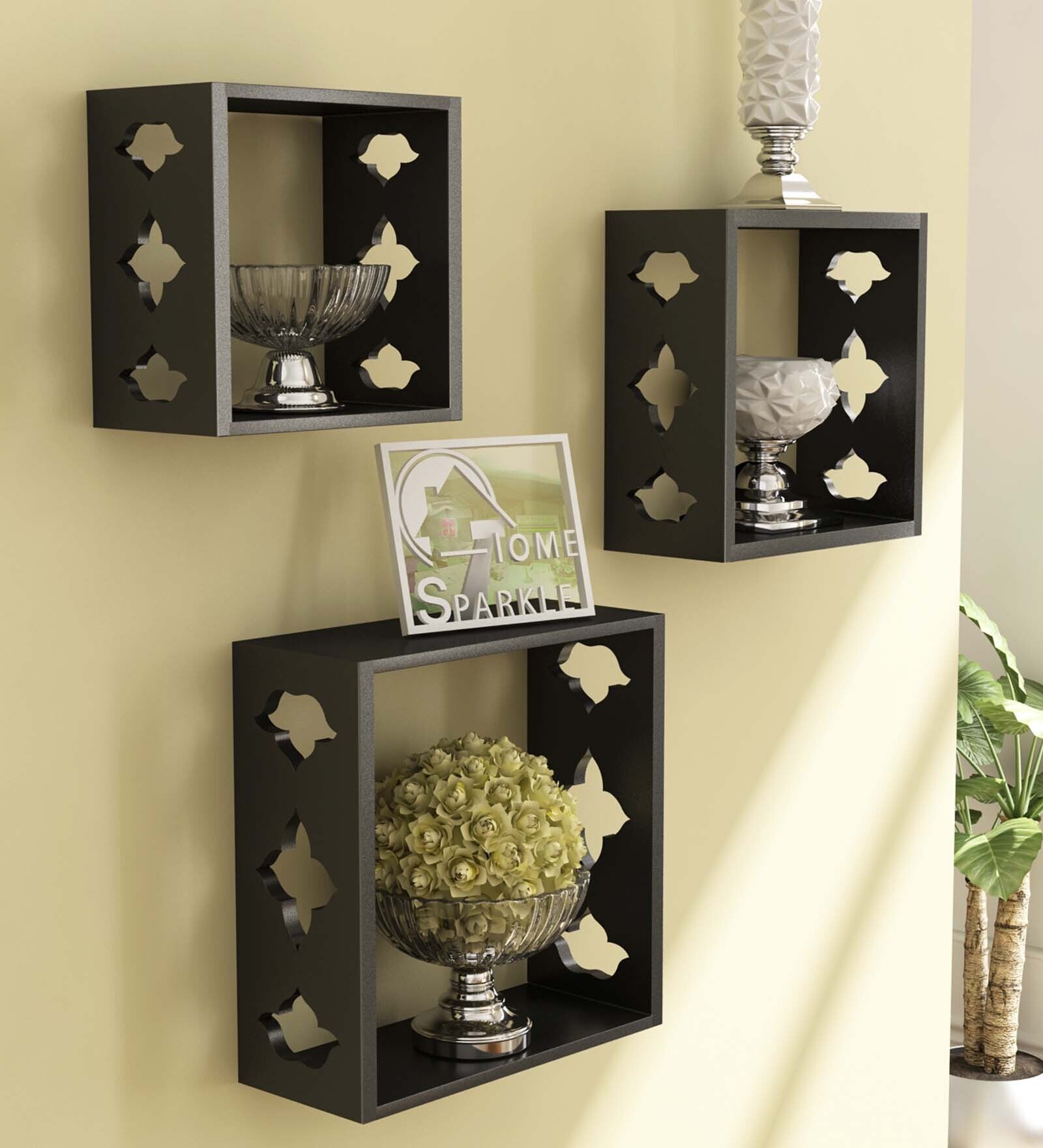 Cube Design Set of 3 Black Engineered Wood Wall Shelf
