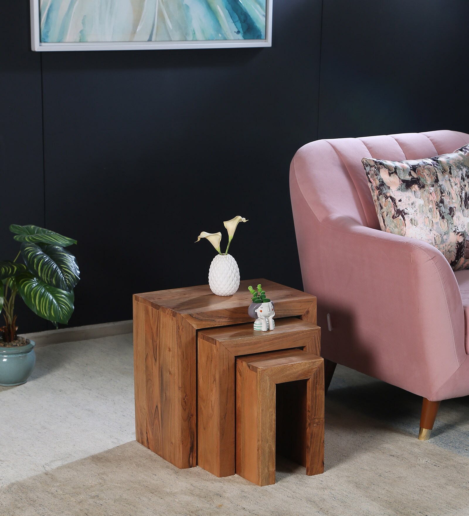 Buy Cube Solid Wood Nest of Tables in Natural Finish (Set Of 3) at 16% OFF by Star India | Pepperfry