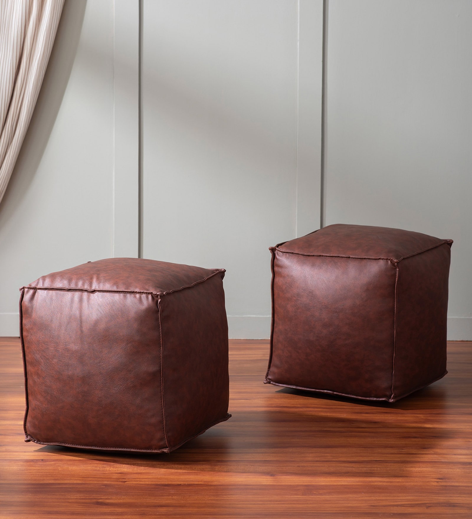Cuboid Leatherette Pouffe In Brown Colour (Set Of 2)