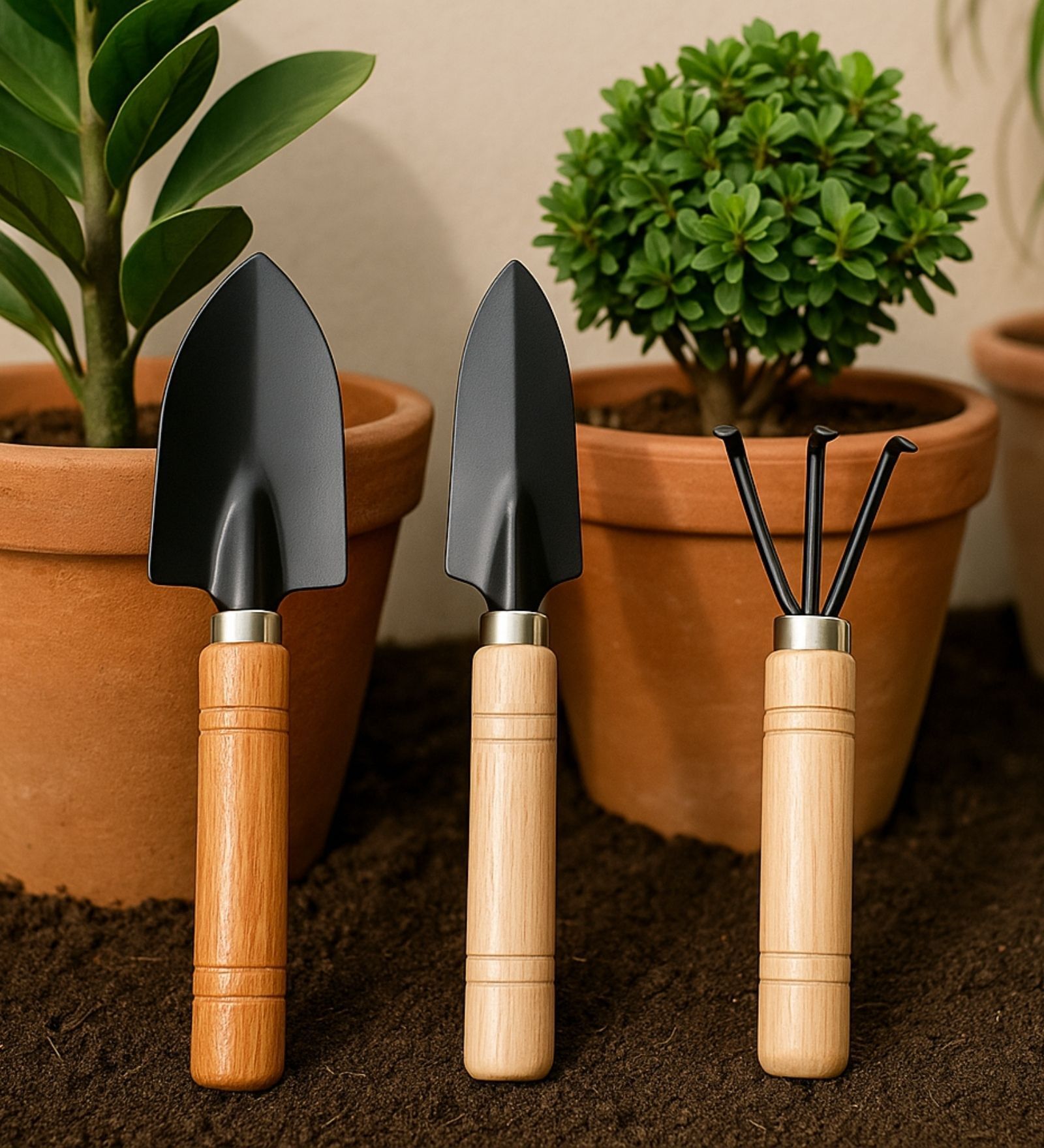 Black Wooden Essential Planting Tool Set Of 3