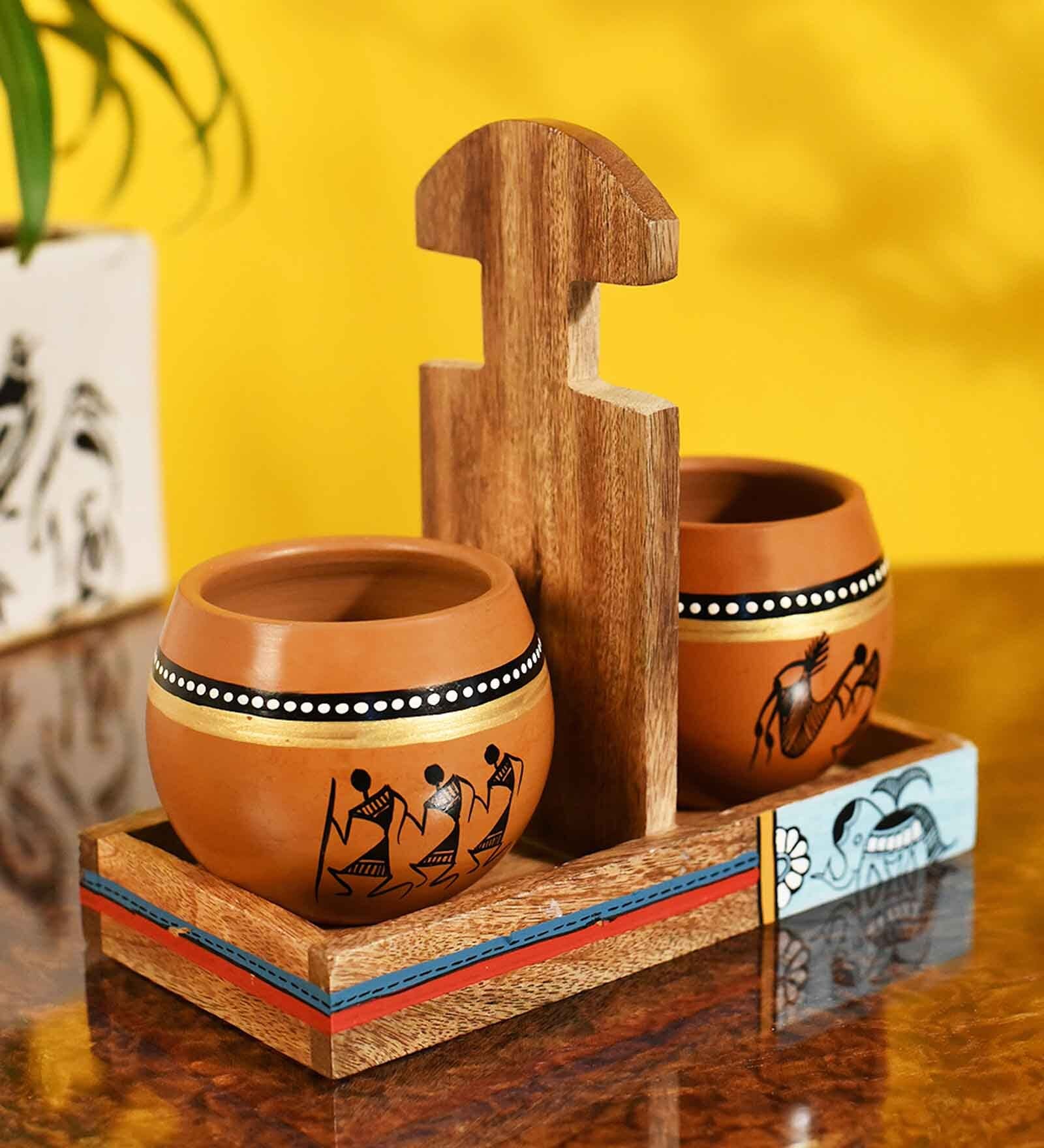 Earthen  Natural Brown  Ceramic and Wood 3 Pcs Kullad With Cup Holder