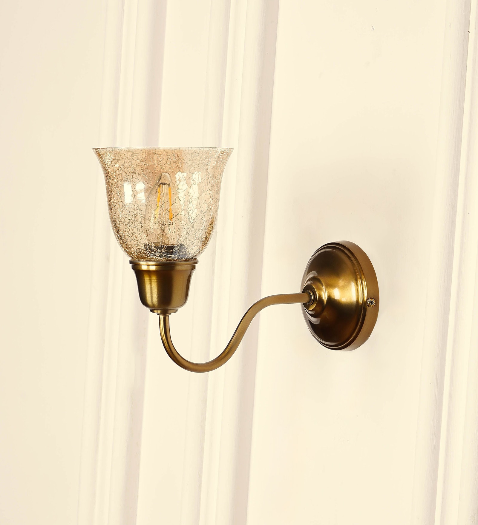 Curved Wall Lamp Brass Antique Finish with Cup Crackled Glass Shade