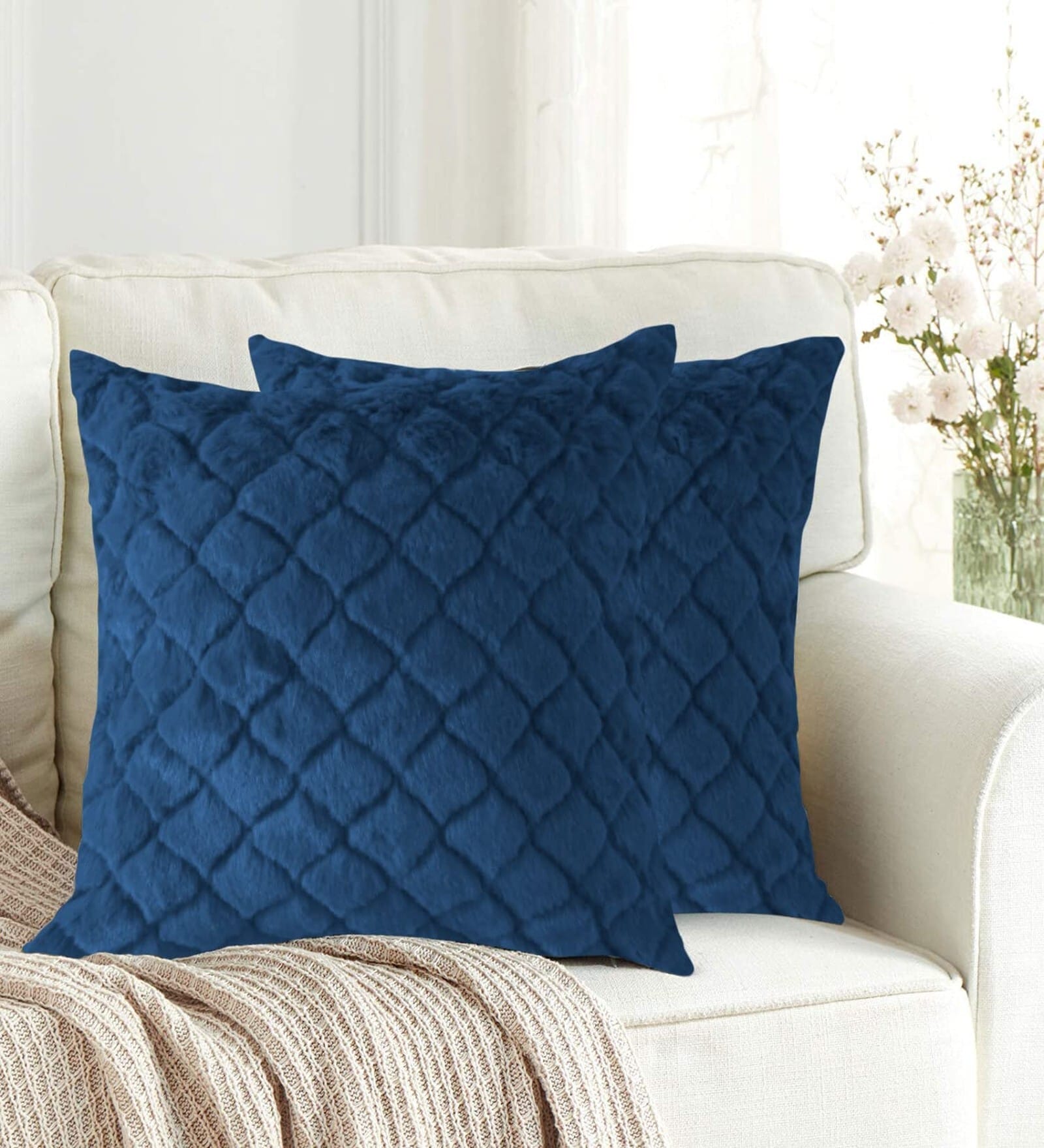 Teal Rabbit Fur Diamond Design Cushion Covers 16x16 Inch Pack of 2
