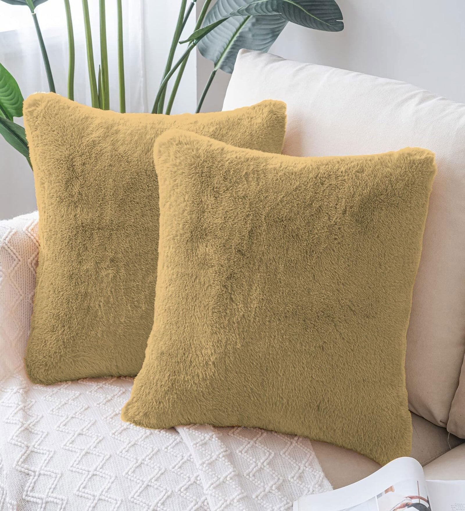 Anti Gold Rabbit Fur Plain Design Cushion Covers 16x16 Inch Set of 2