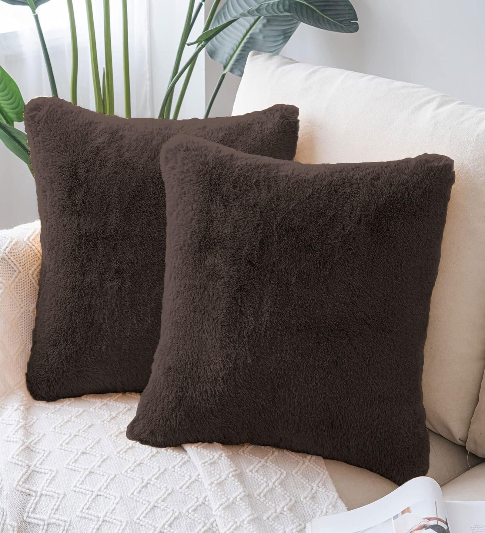 Chocolate Rabbit Fur Plain Design Cushion Covers 16x16 Inch Set of 2