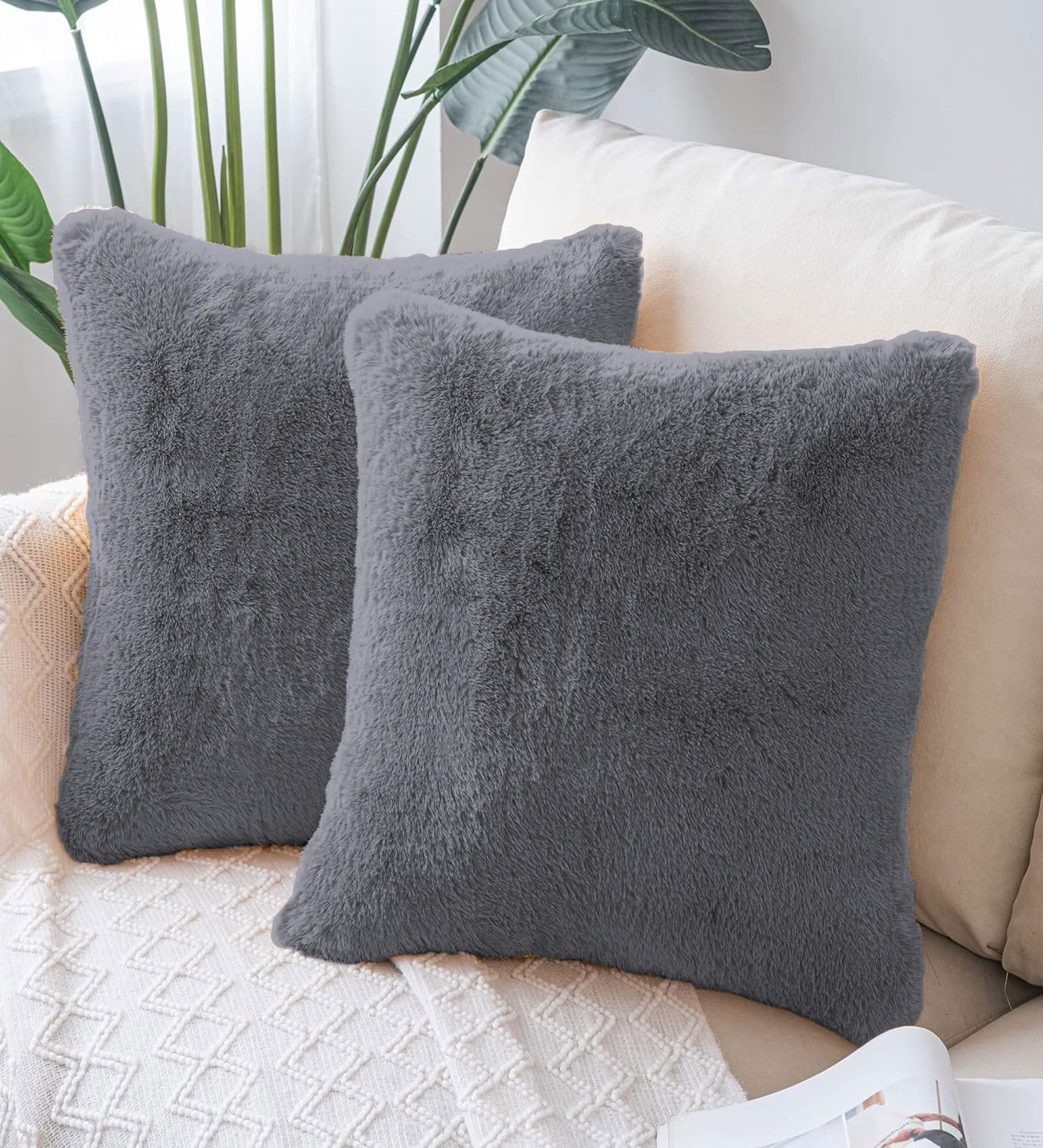 Grey Rabbit Fur Plain Design Cushion Covers 16x16 Inch Set of 2