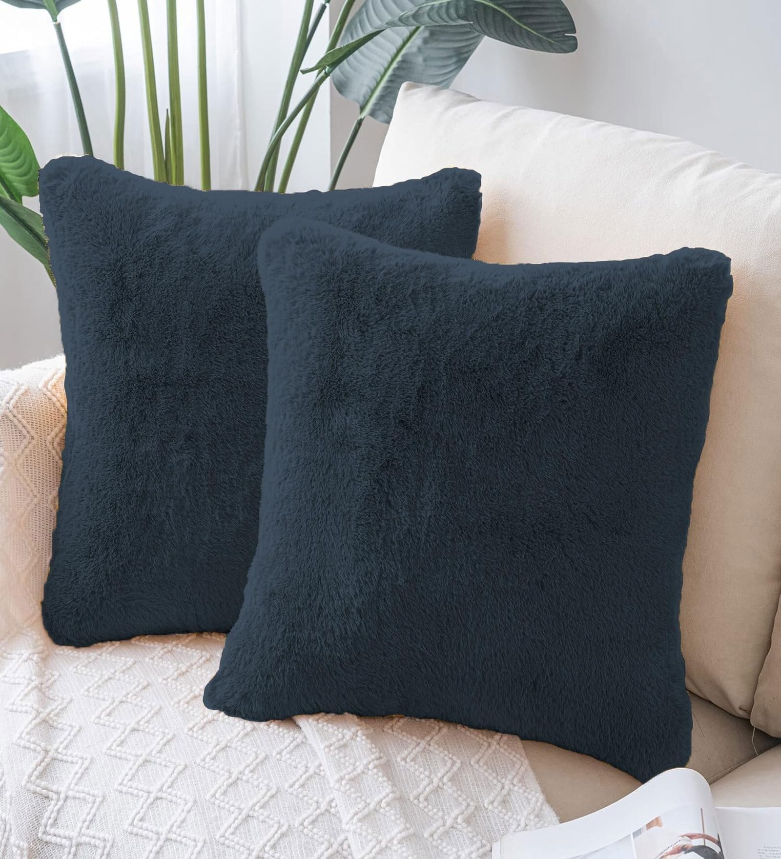 Anthra Rabbit Fur Plain Design Cushion Covers 16x16 Inch Set of 2