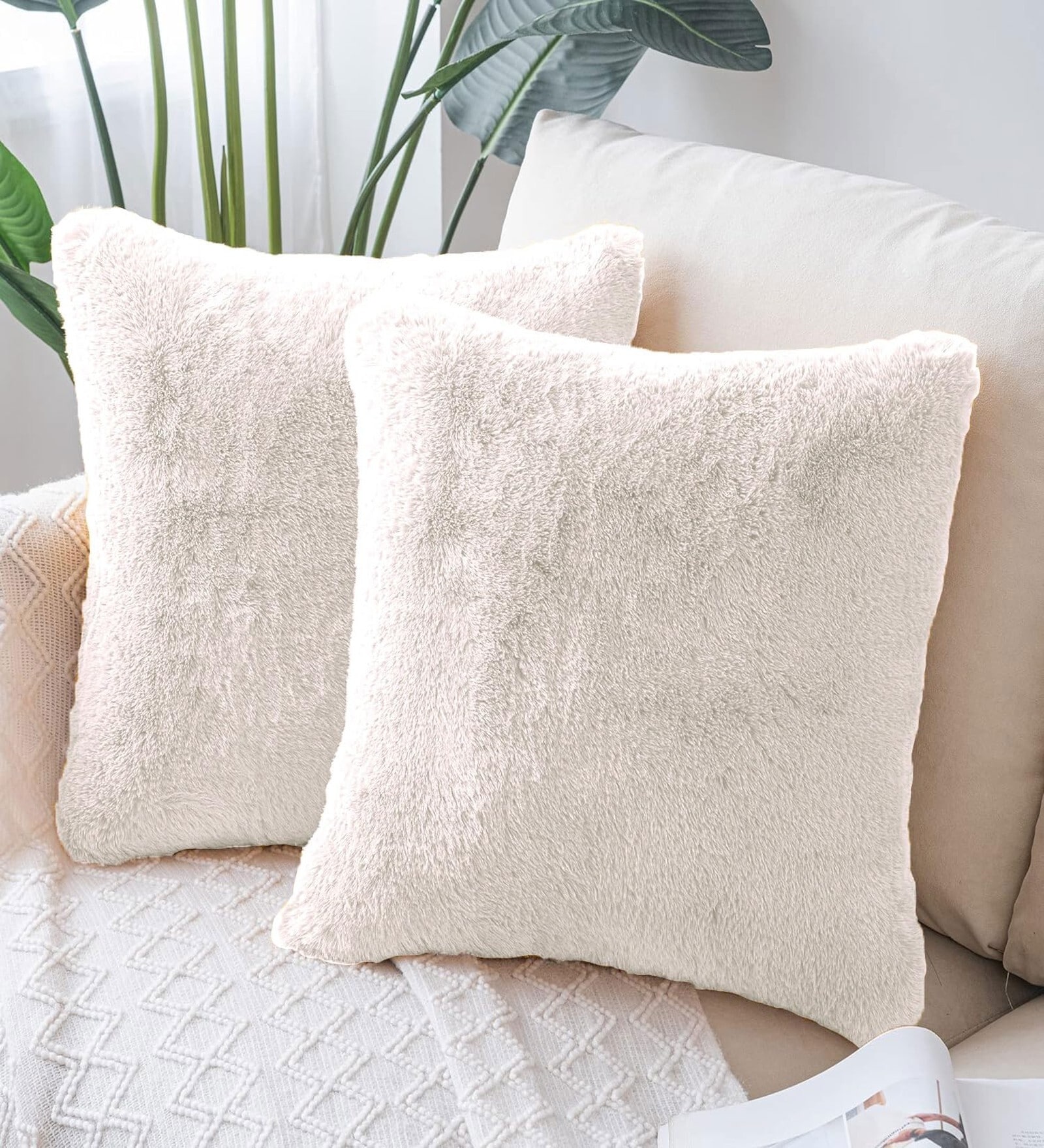 Skin Rabbit Fur Plain Design Cushion Covers 16x16 Inch Set of 2