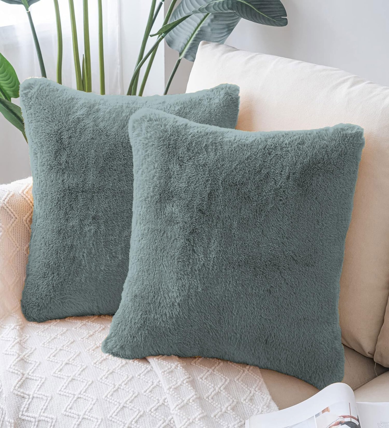 Seige Rabbit Fur Plain Design Cushion Covers 16x16 Inch Set of 2
