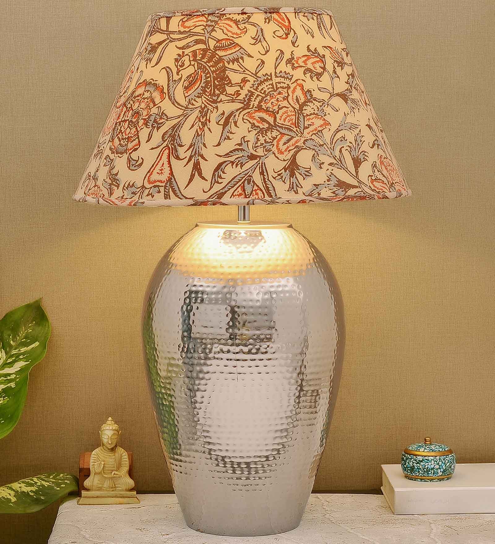 Customized Cotton Fabric Shade Rickford Hammered Pattern Huge Size Nickel Table Lamp with Nickel Base