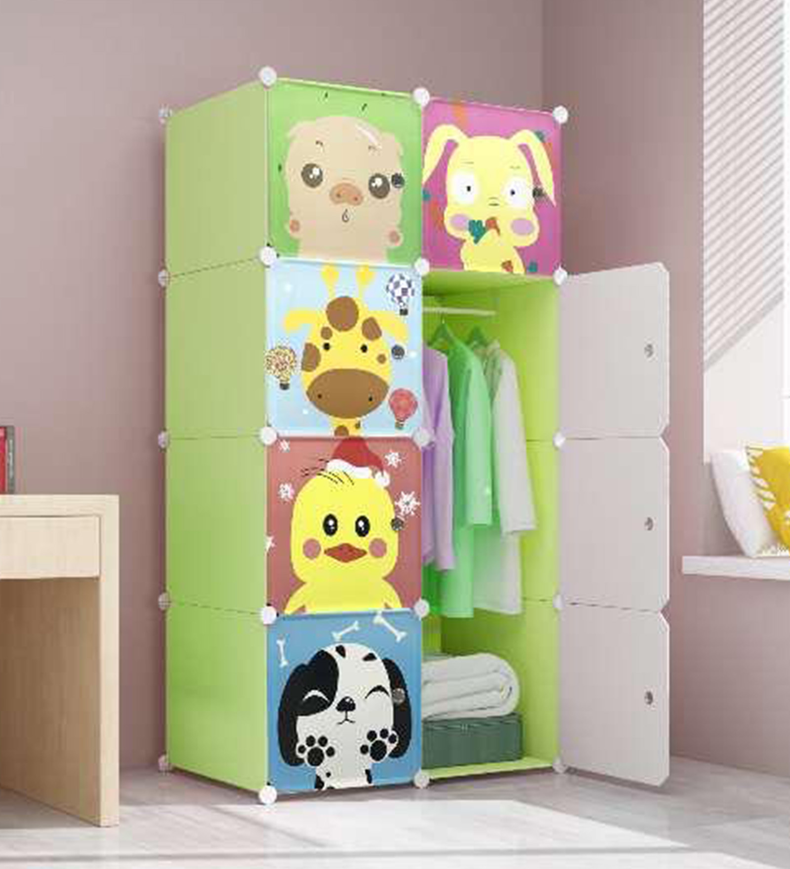 Cute Animals Single Door Wardrobe in Green Colour