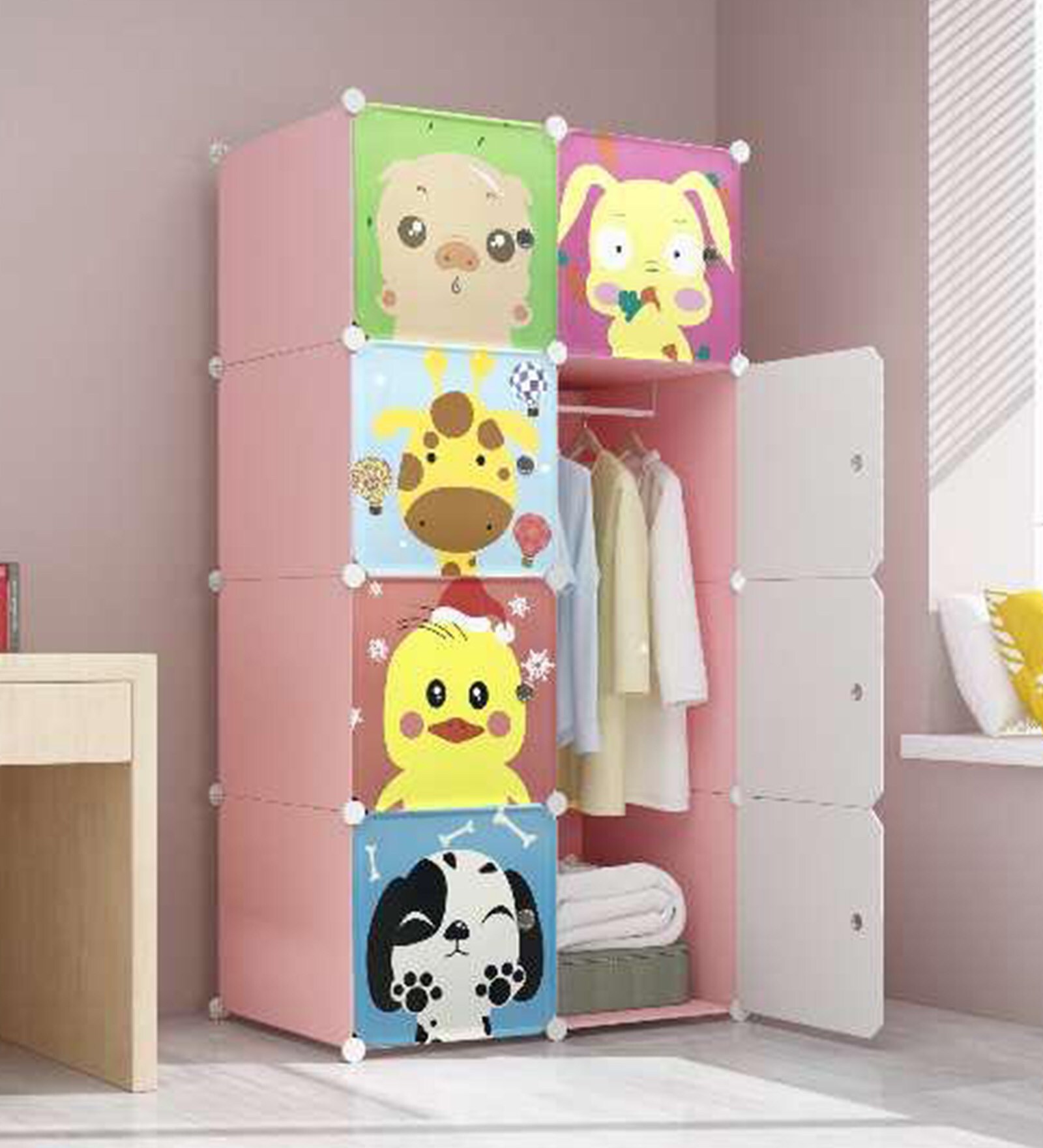 Cute Animals Single Door Wardrobe in Pink Colour