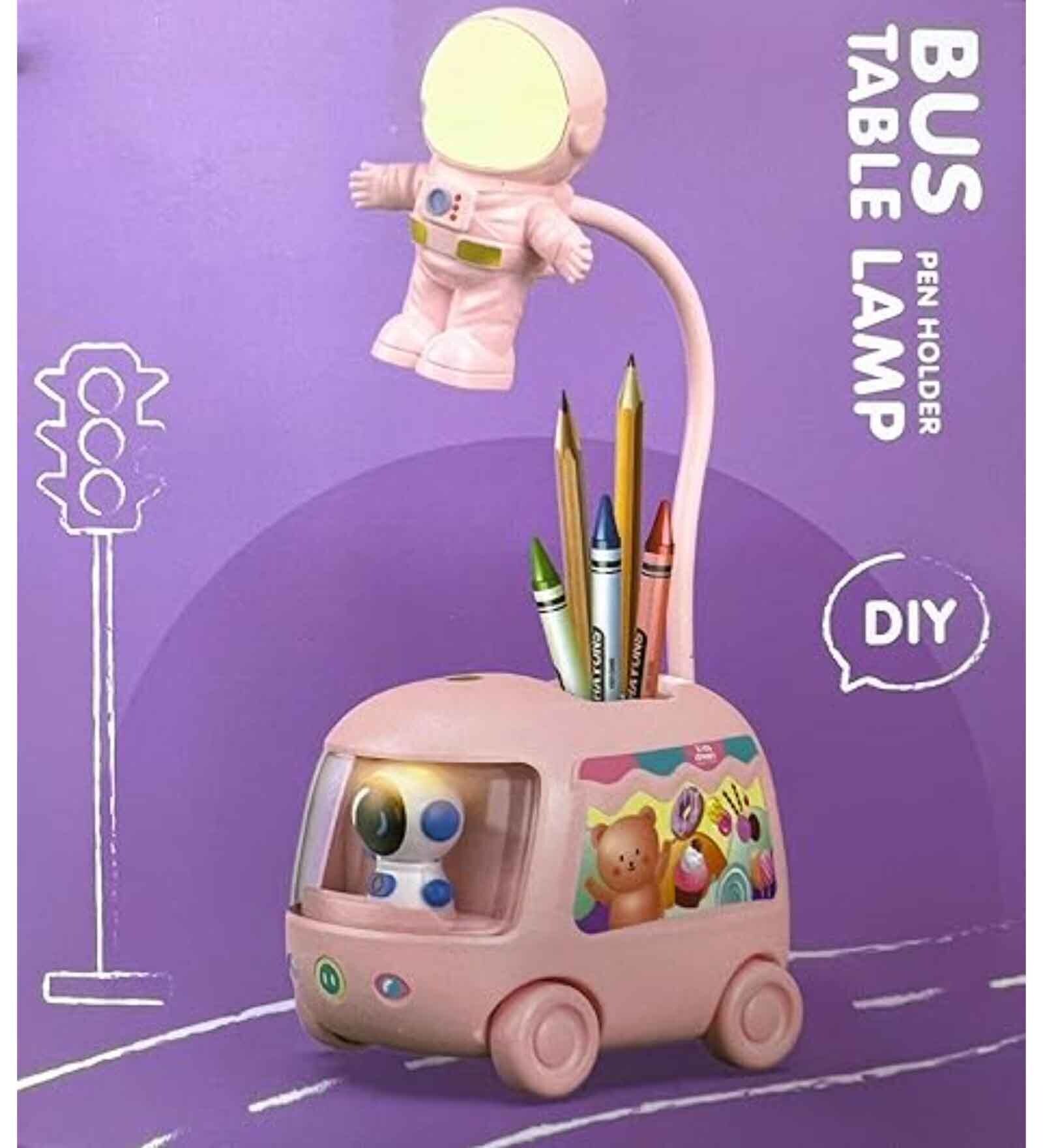 Cute Astronaut Bus DIY Pen Holder LED Desk Light Study Night Table Lamp with USB Charging Cable (Assorted Color)