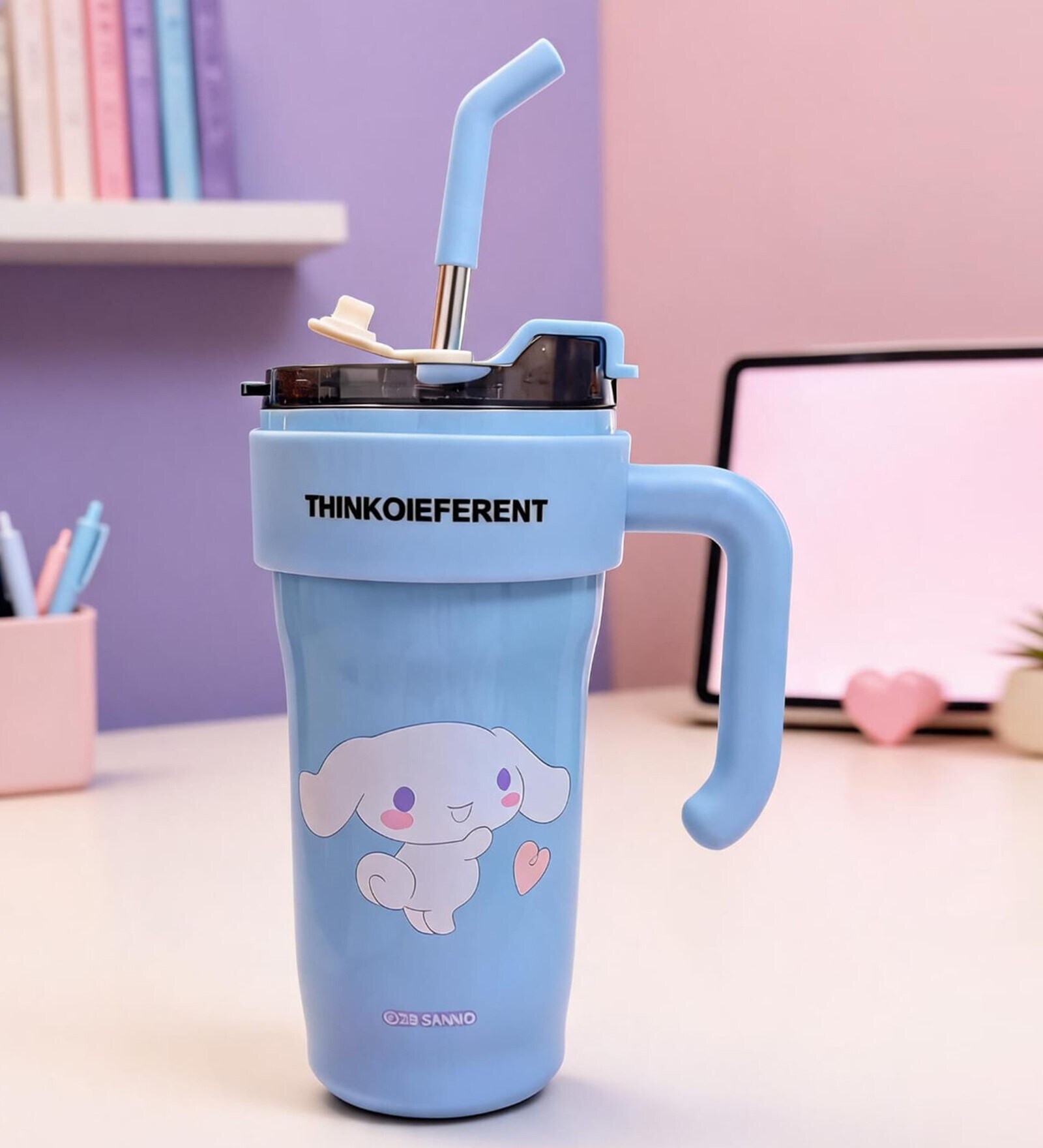 Blue Cute Character Printed Stainless Steel Tumbler with Handle & Straw, 1000 ml