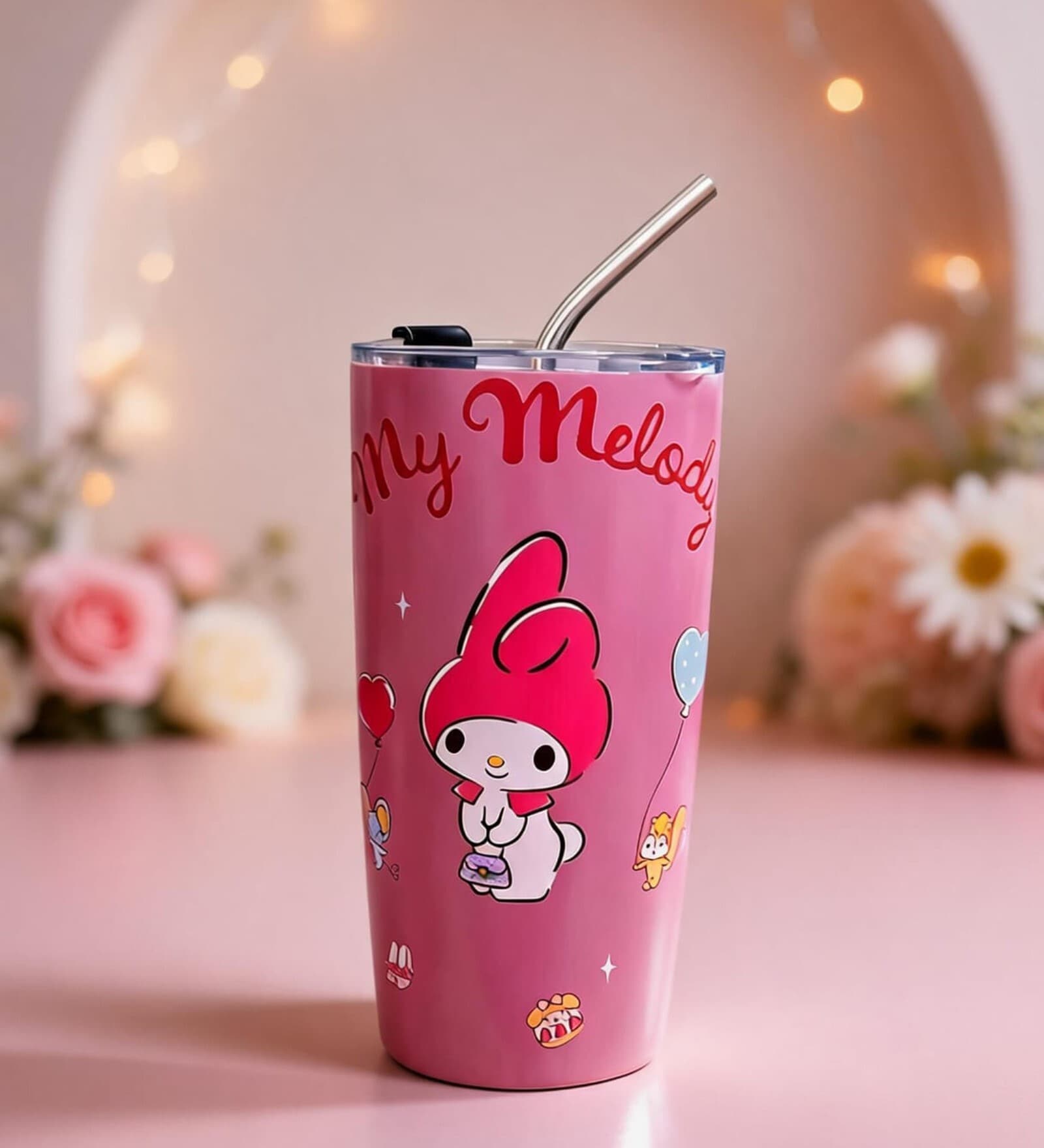 Red My Melody Printed Stainless Steel Tumbler Mug with Straw, 600 ml