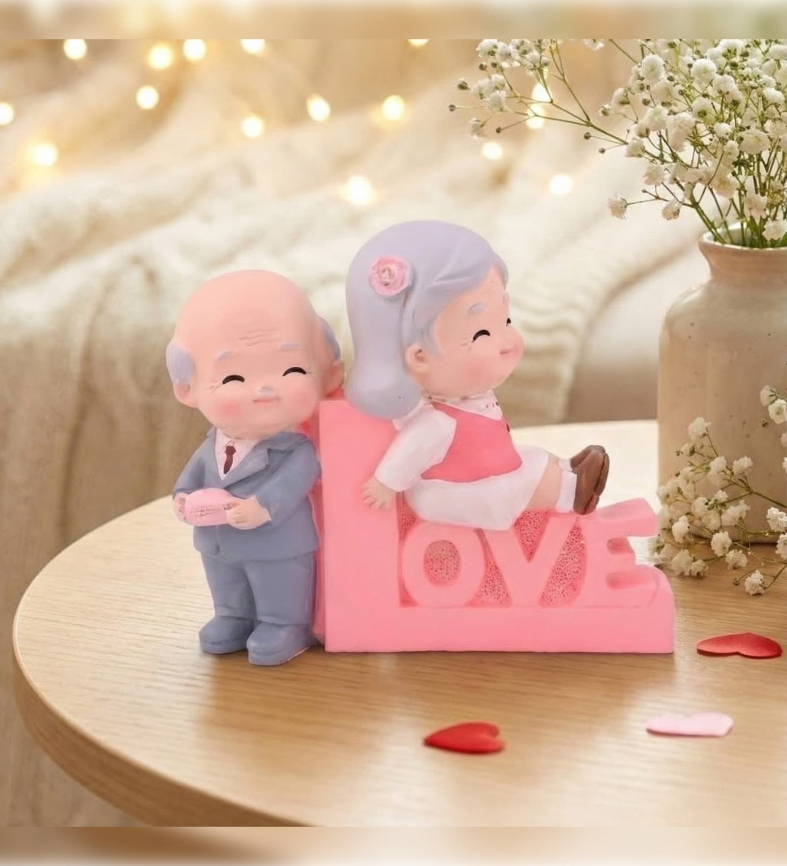 Cute Old Couple Sitting on Love Stand Showpiece Valentine Gift