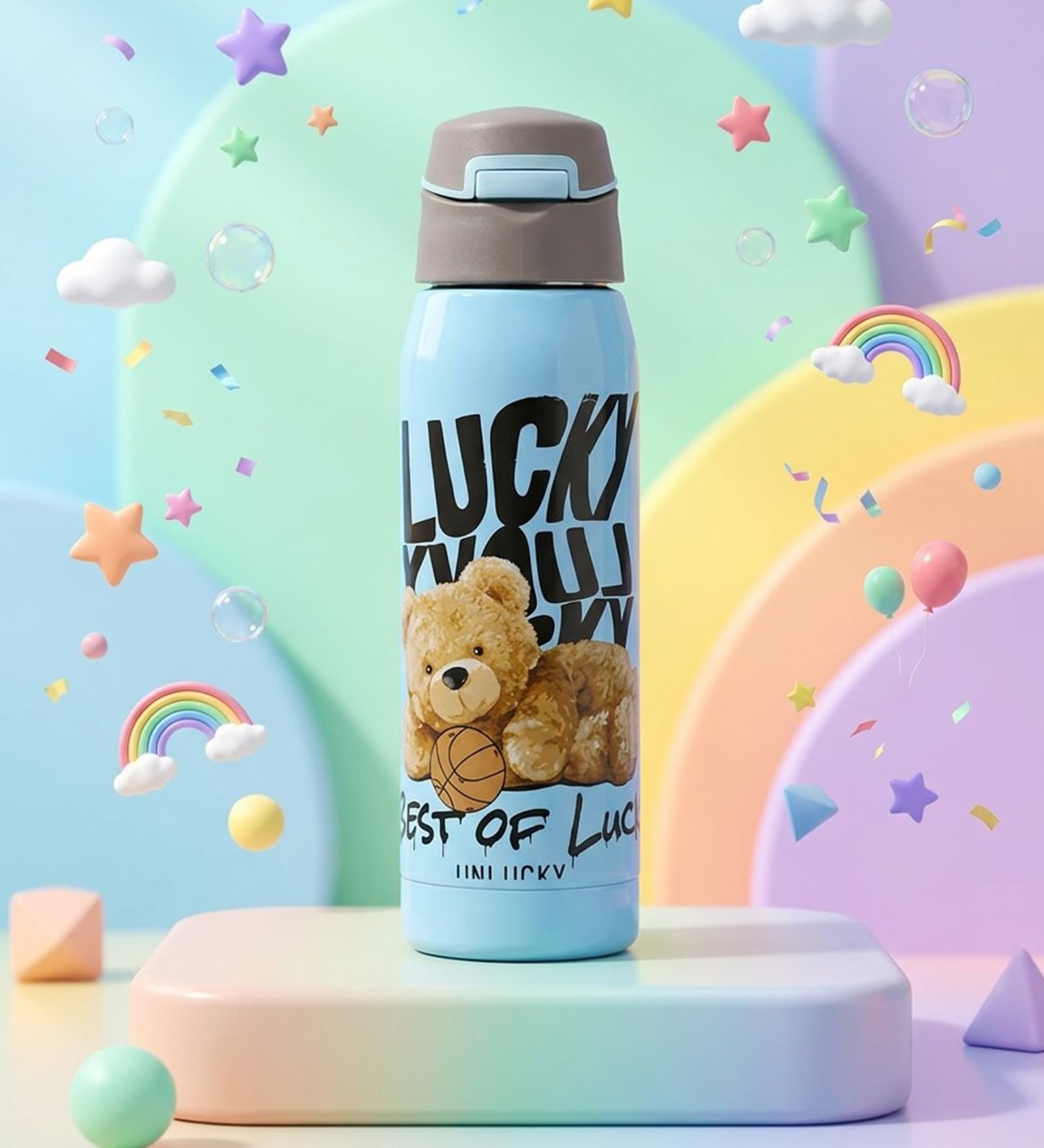 Cute Teddy Bear Print Stainless Steel Blue Kids Water Bottle