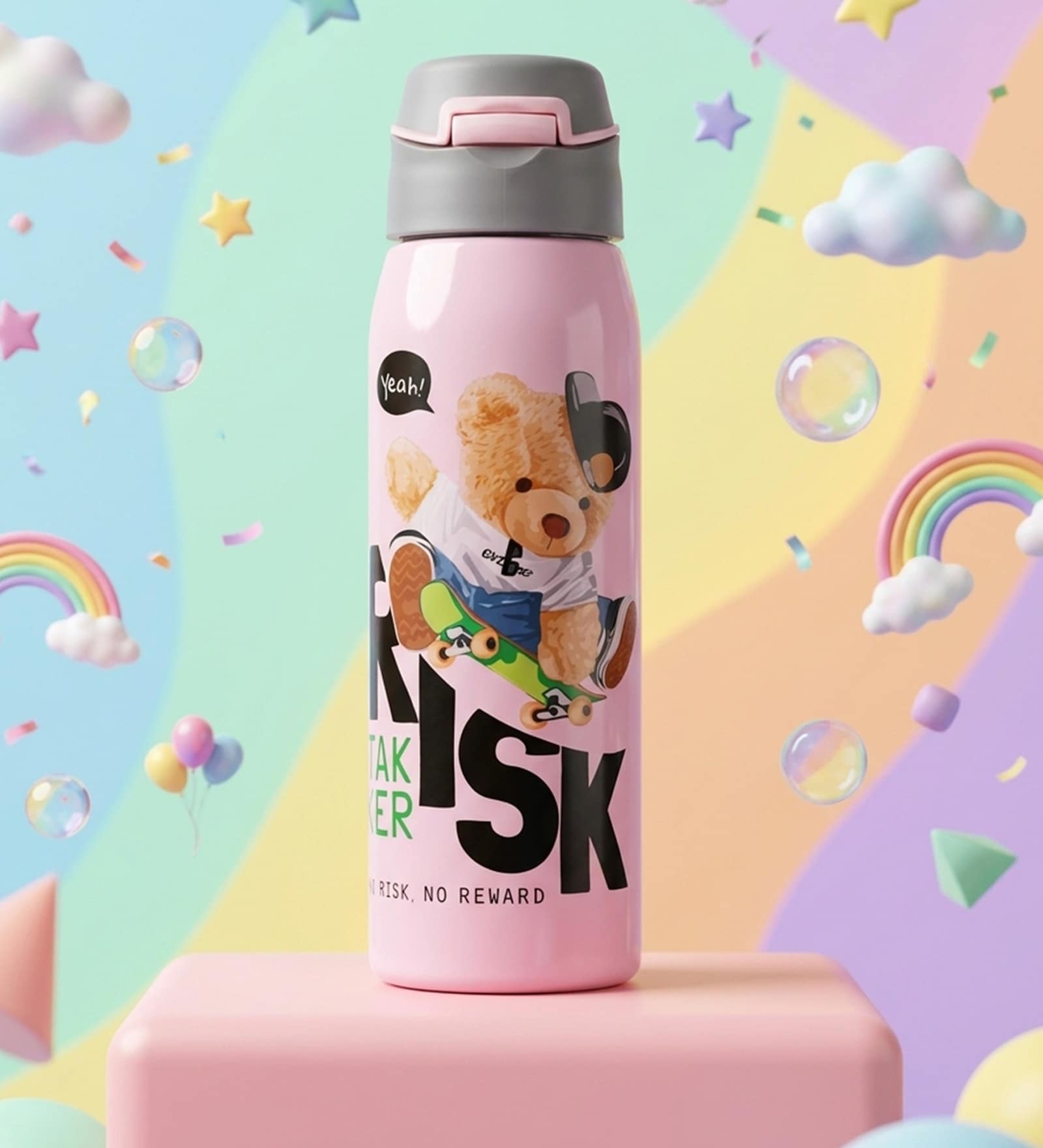 Cute Teddy Bear Print Stainless Steel Pink Kids Water Bottle