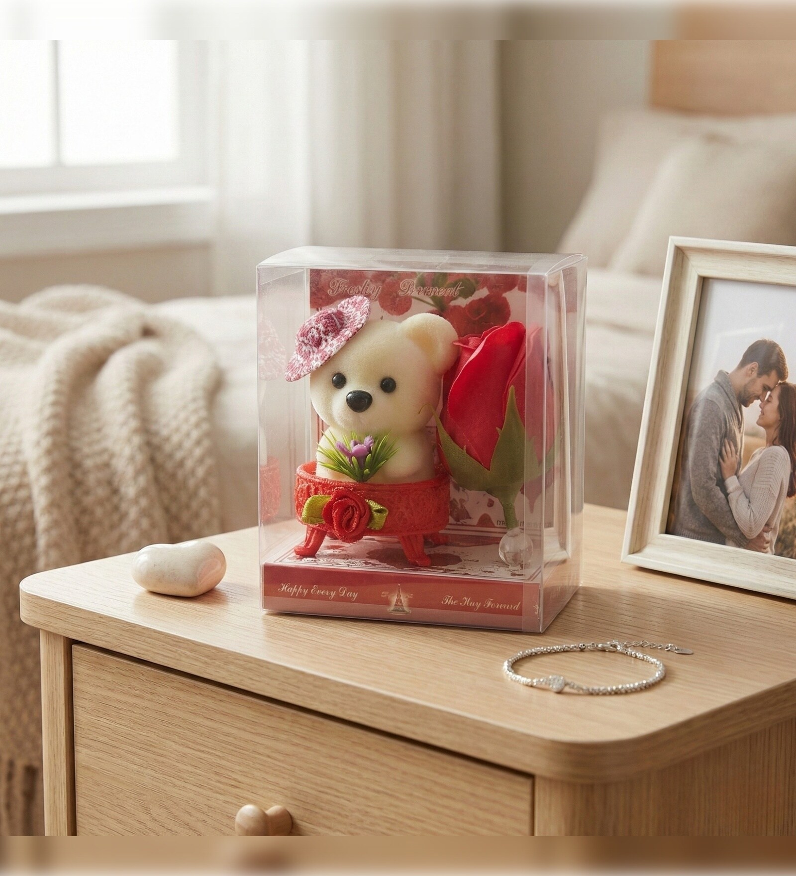 Cute Teddy Bear with Artificial Roses Valentine Gift
