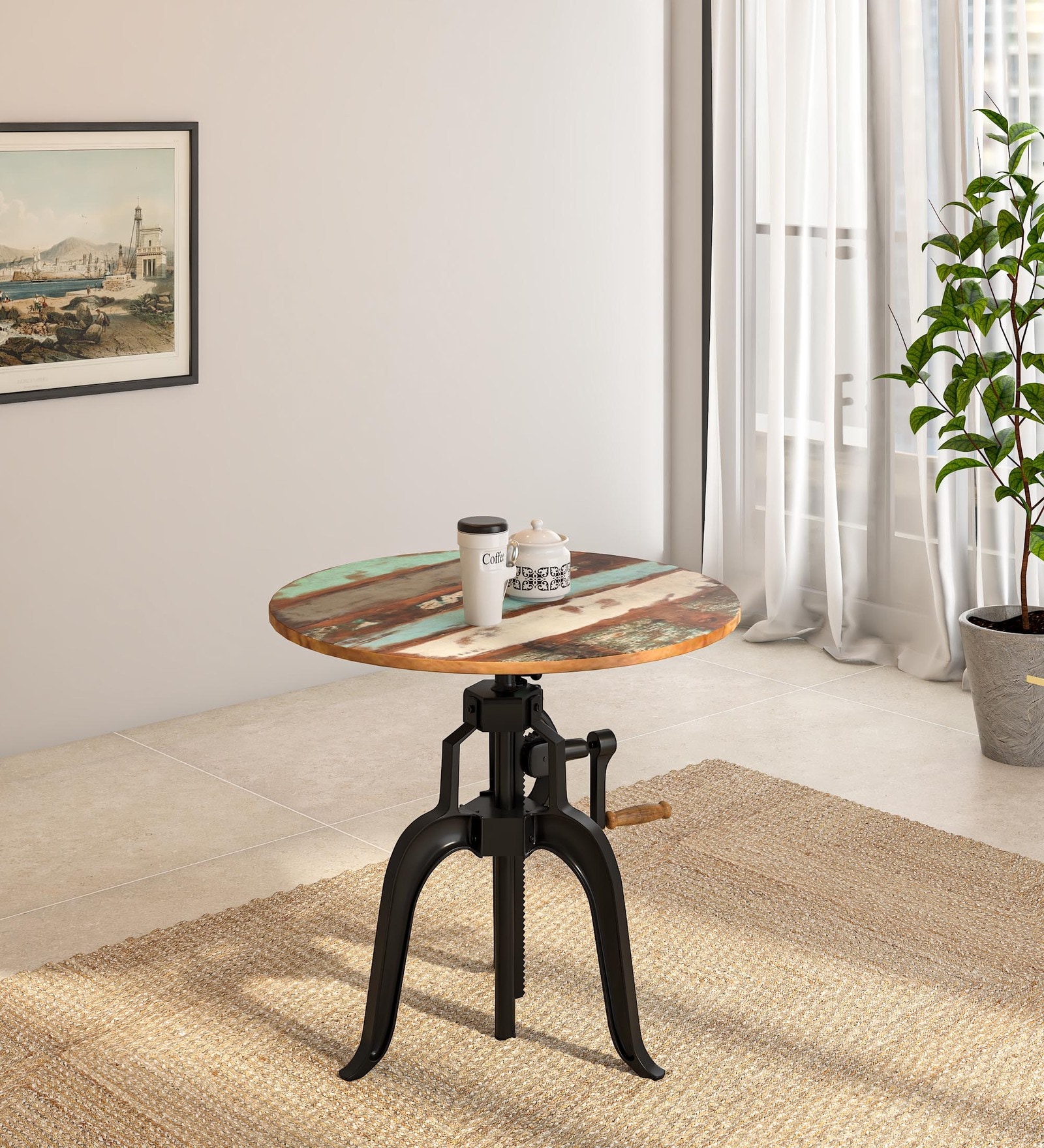 Cutshall Solid Wood 2 Seater Dining Table In Distress Finish With Height Adjustable Mechanism