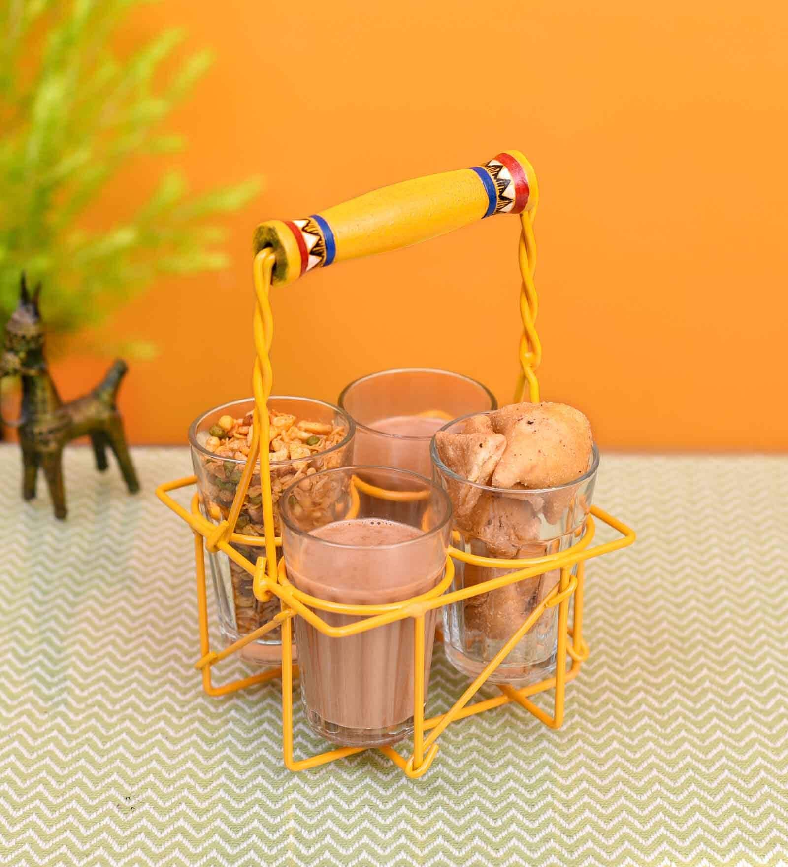 Set of 5 Hand-painted Yellow Metal and Wood Stand with 4 Glasses
