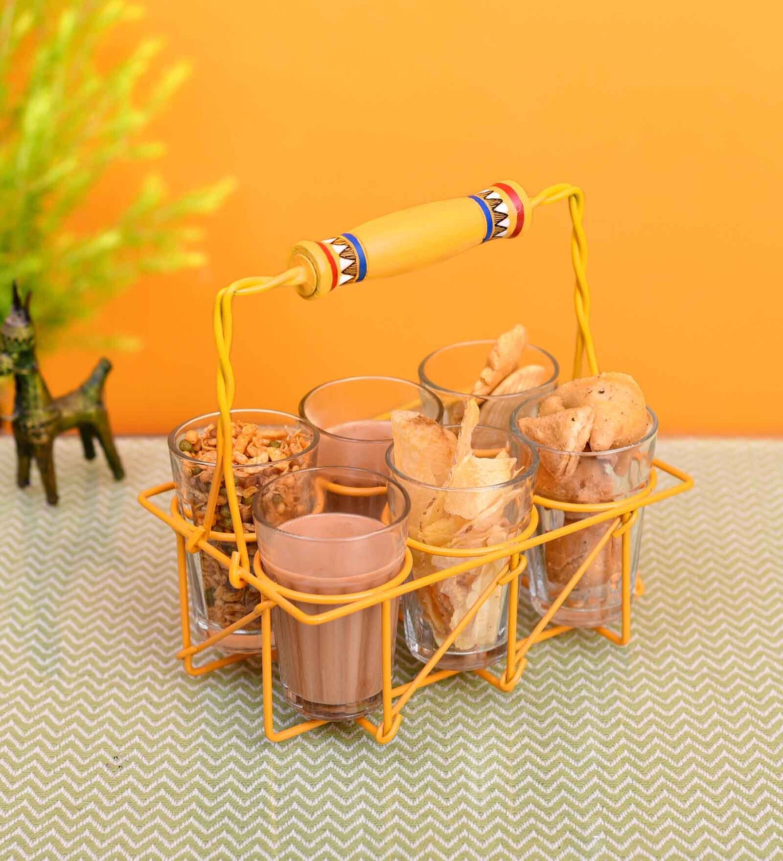 Handpainted Yellow  Metal and Wood 7 Pcs Glasses With Stand