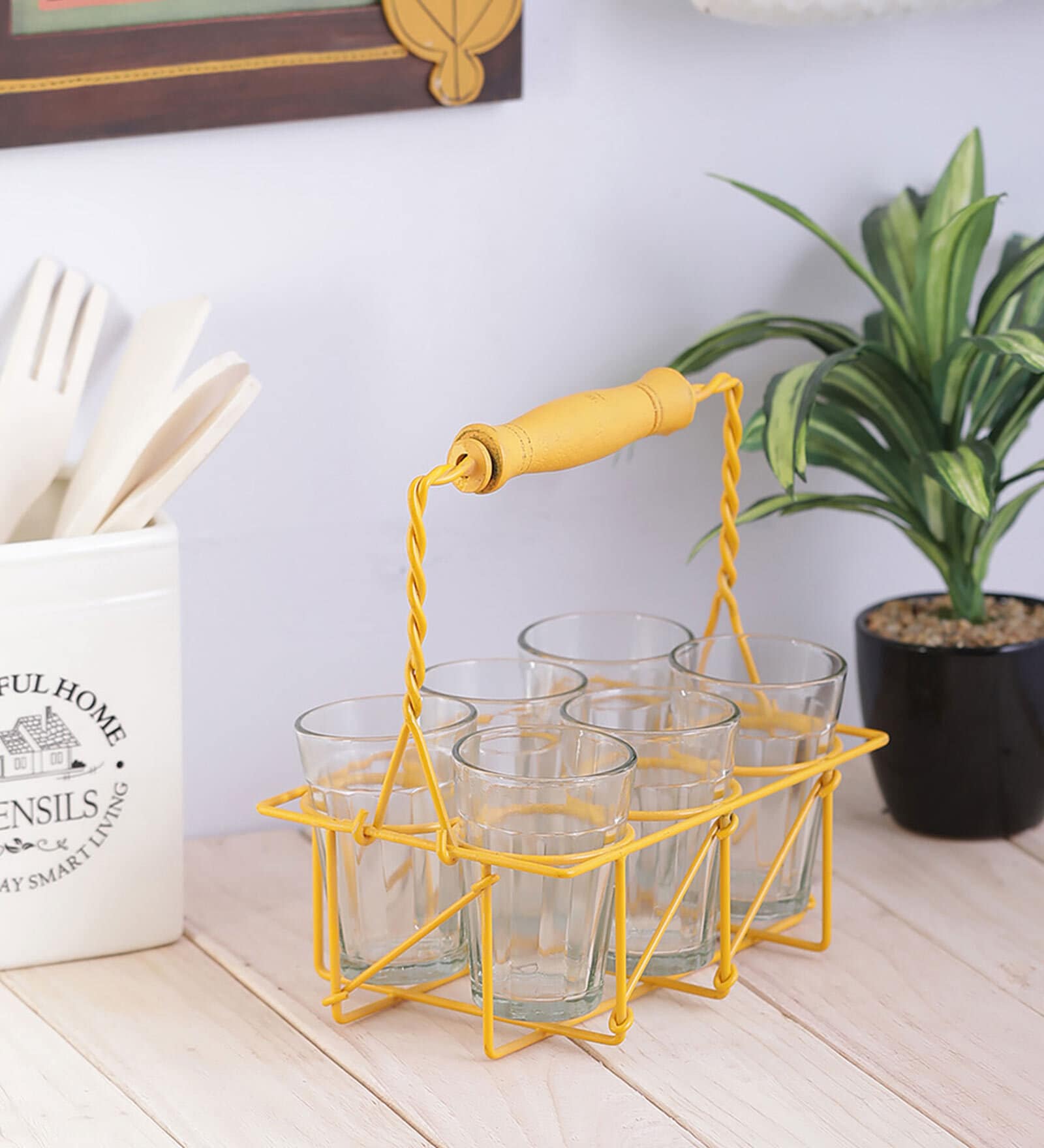 Cutting Chai 120ml Yellow (Set of 7) Ceramic Tea Glass with Iron Tray