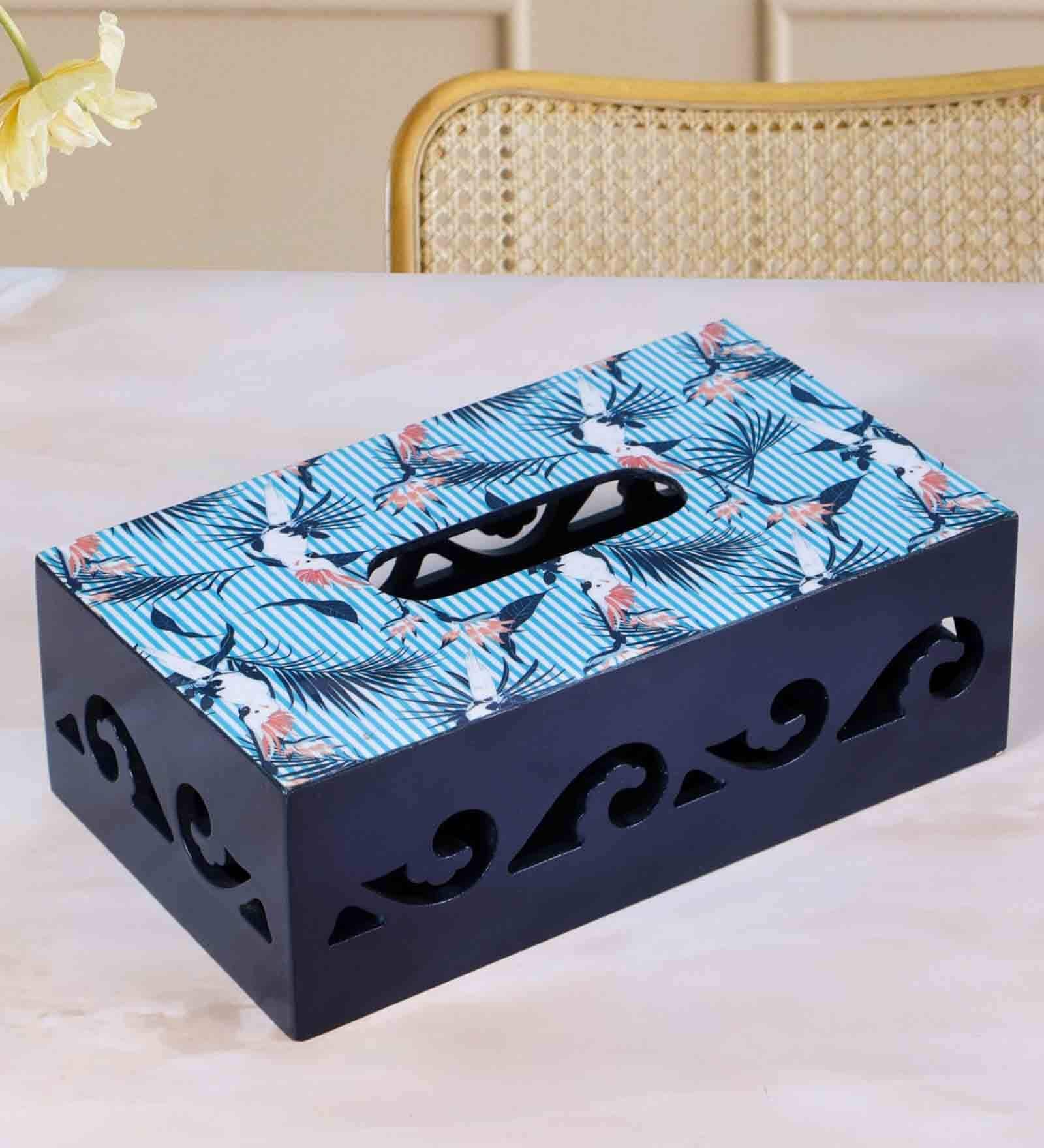 Cutwork  Blue Wood Tissue Holder