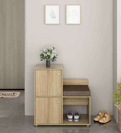 Cubix Shoe Rack With Seating In Santana Oak Finish