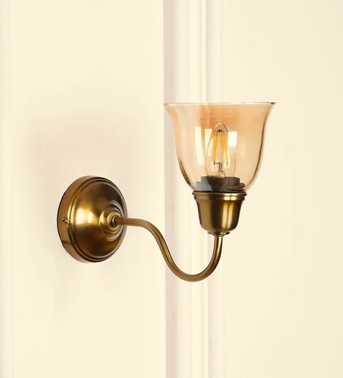Curved Brass Antique Finish Wall Lamp with Cup Glass Golden Luster Shade