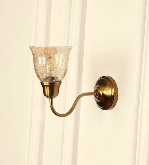 Curved Wall Lamp Brass Antique Finish with Cup Crackled Glass Shade