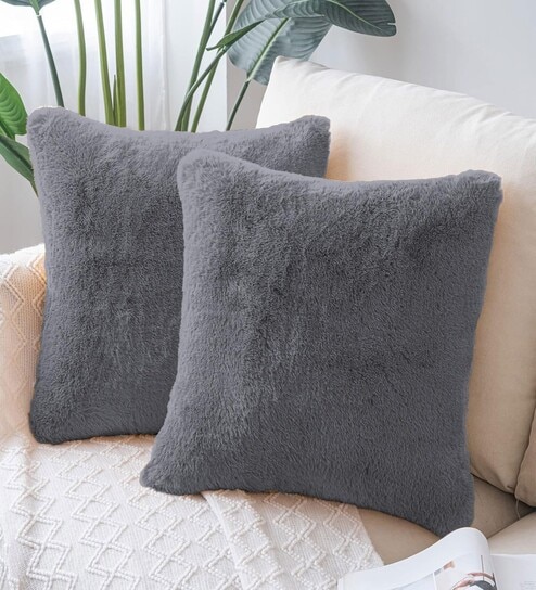 Grey Rabbit Fur Plain Design Cushion Covers 16x16 Inch Set of 2