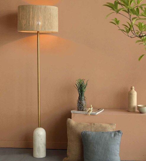 Cusp Gold Metal & Marble Club Floor Lamp with Beige Sisal Jute Shade