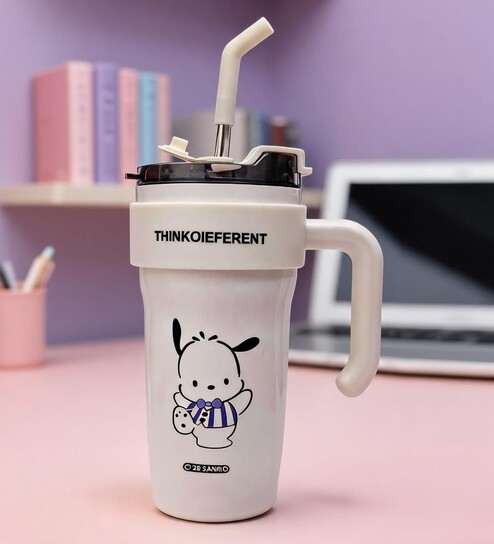 White Cute Character Printed Stainless Steel Tumbler with Handle & Straw, 1000 ml