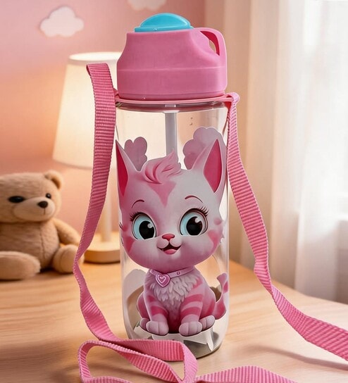 Pink Cute Kitty Printed Plastic Water Bottle with Straw & Carrying Strap, 600 ml