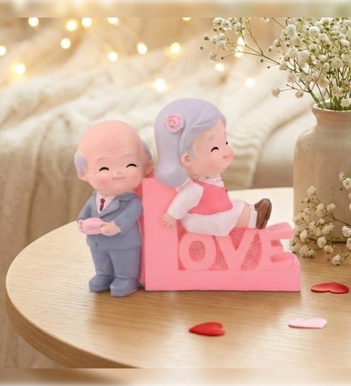 Cute Old Couple Sitting on Love Stand Showpiece Valentine Gift