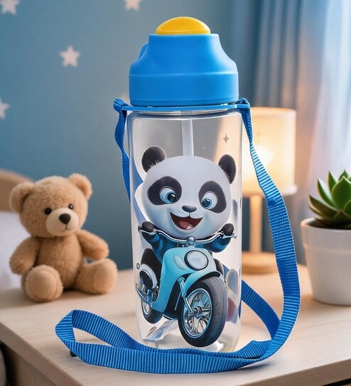 Blue Cute Panda Printed Plastic Water Bottle with Straw & Carrying Strap, 600 ml