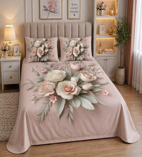 Pink 7D Digital Printed Floral Queen Size Bedsheet Sheet with 2 Matching Pillow Covers