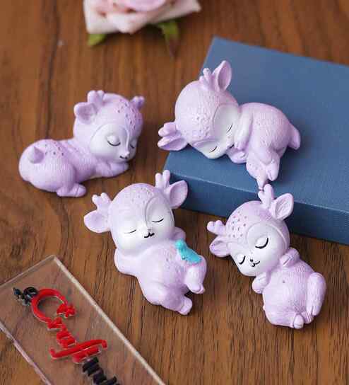 Cute Sleeping Deer Set of 4 Lavender Polyresin Figurines