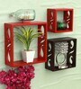 Cube Design Set of 3 Red And Brown Engineered Wood Wall Shelf