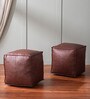 Cuboid Leatherette Pouffe In Brown Colour (Set Of 2)