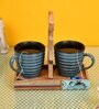 Handcrafted Green, Natural Brown  Ceramic and Wood 3 Pcs Tea Cups with Stand