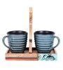 Handcrafted Green, Natural Brown  Ceramic and Wood 3 Pcs Tea Cups with Stand