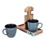 Handcrafted Green, Natural Brown  Ceramic and Wood 3 Pcs Tea Cups with Stand