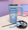 Blue Cute Character Printed Stainless Steel Tumbler with Handle & Straw, 1000 ml