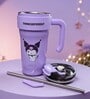 Purple Cute Character Printed Stainless Steel Tumbler with Handle & Straw, 1000 ml