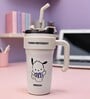 White Cute Character Printed Stainless Steel Tumbler with Handle & Straw, 1000 ml