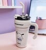 White Cute Character Printed Stainless Steel Tumbler with Handle & Straw, 1000 ml