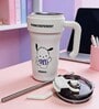 White Cute Character Printed Stainless Steel Tumbler with Handle & Straw, 1000 ml