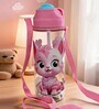 Pink Cute Kitty Printed Plastic Water Bottle with Straw & Carrying Strap, 600 ml